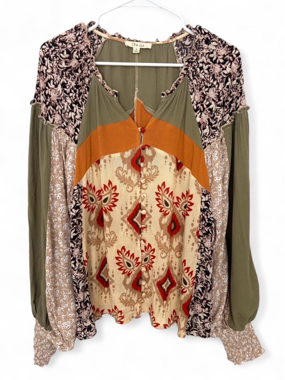 Oli & Hali Boho Patchwork Button Front Blouse Small Balloon Sleeve Relaxed Fit